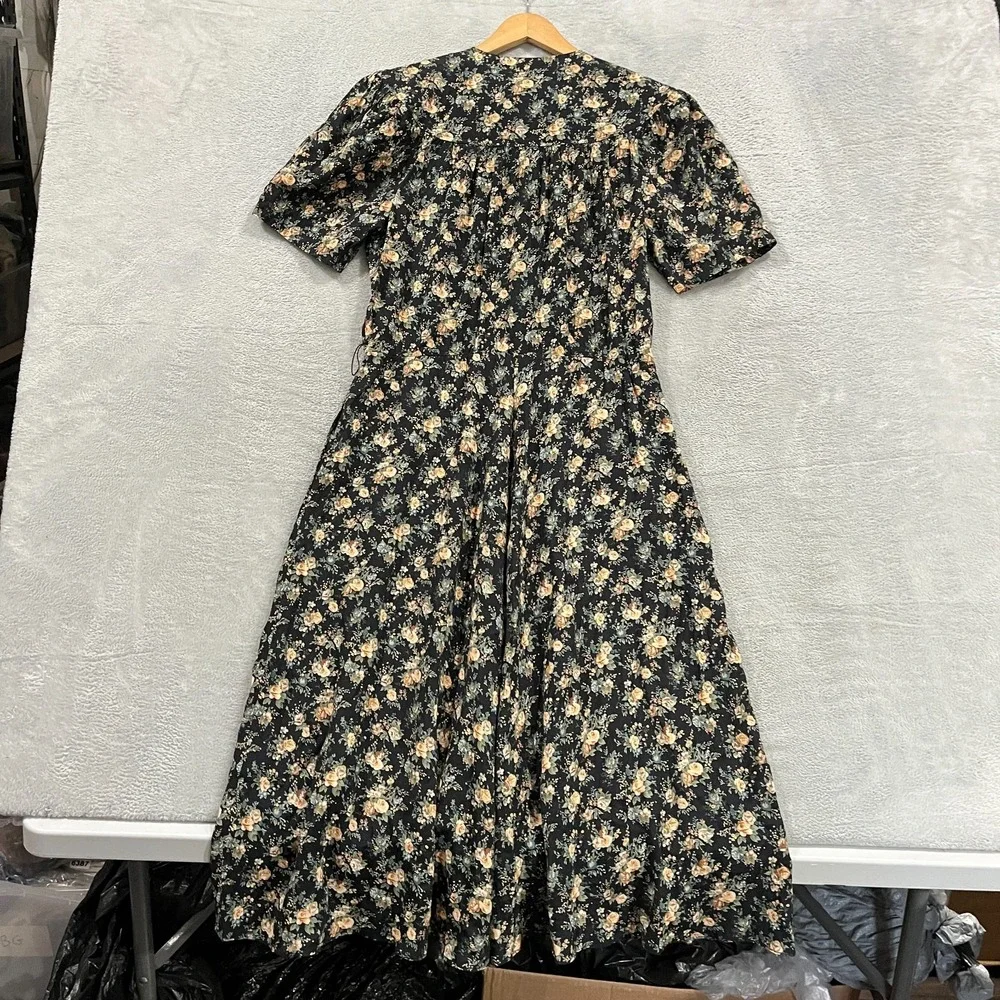 Vintage ED Michaels Dress 13/14 Petite Dark Floral Puff Sleeve Cottagecore Roses